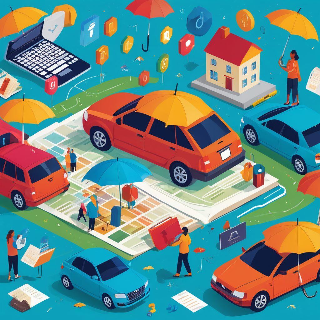 A visually engaging collage depicting a diverse group of people engaging with insurance documents, calculators, and laptops, surrounded by symbols of coverage like umbrellas and shields. In the background, a mysterious key unlocking a treasure chest filled with insurance-related icons (houses, cars, health symbols). Include a bright light illuminating the scene to convey a sense of discovery and clarity. vibrant colors. vector art.