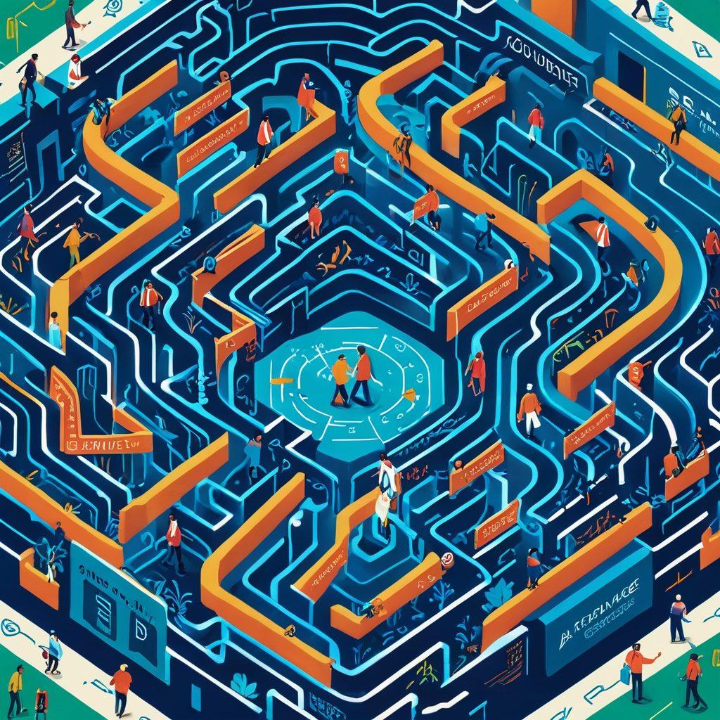 A detailed illustration showing a diverse group of people navigating a large maze, representing the complexities of insurance claims. Brightly colored signs with words like 'Steps', 'Guide', and 'Benefits' emerge from various paths. Include visuals of documents, calculators, and helpful guides scattered throughout the maze. The atmosphere is both informative and optimistic, symbolizing the journey to securing benefits. vibrant colors. infographic style.